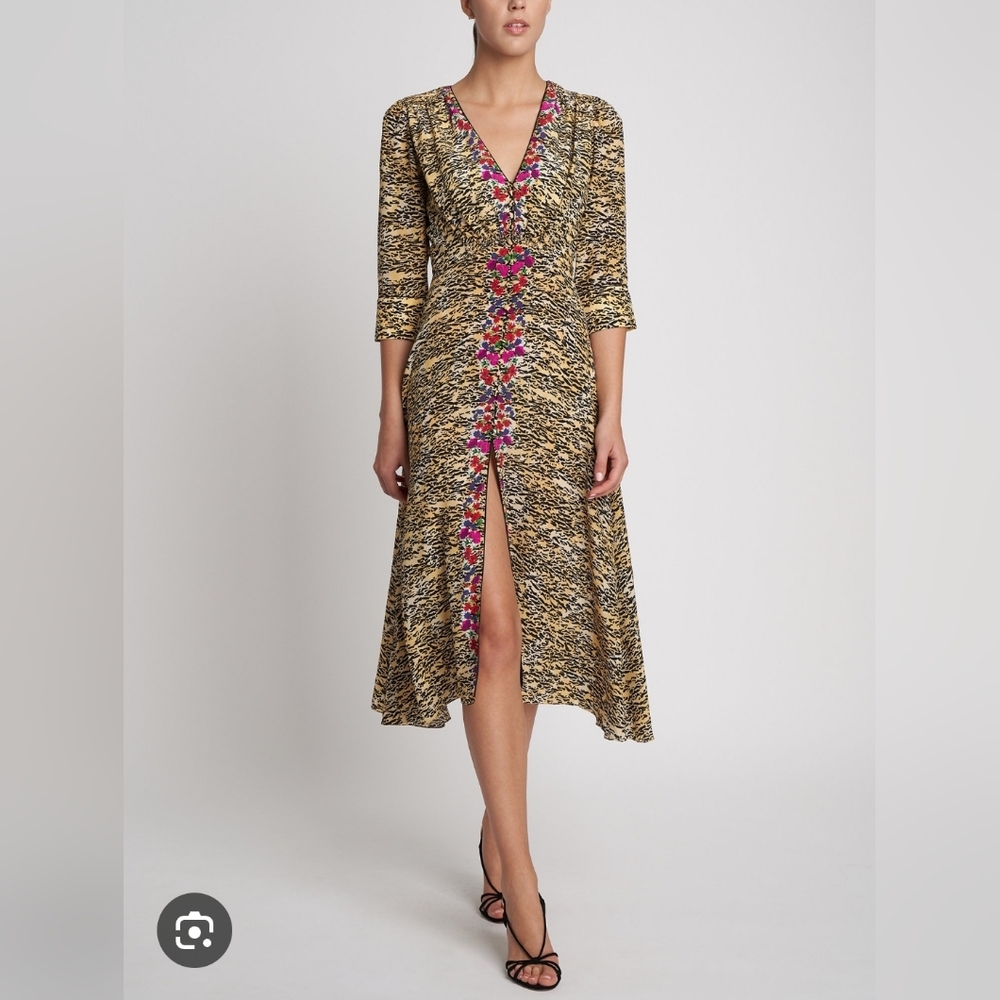 SALONI Tiger Print‎ Floral Embroidered Midi Dress V Neck 3/4 Sleeve
